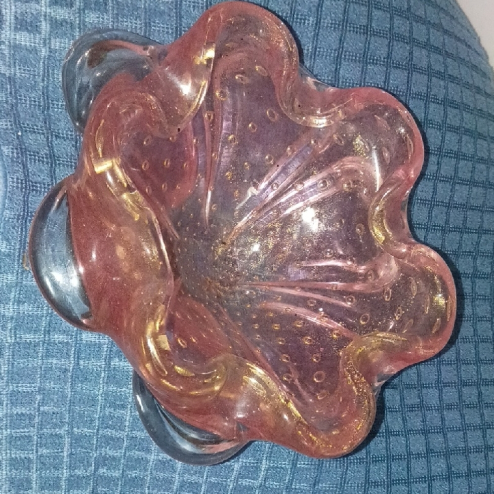 Handblown Pink Glass Decorative Bowl - Brand Unspecified Gold Flakes